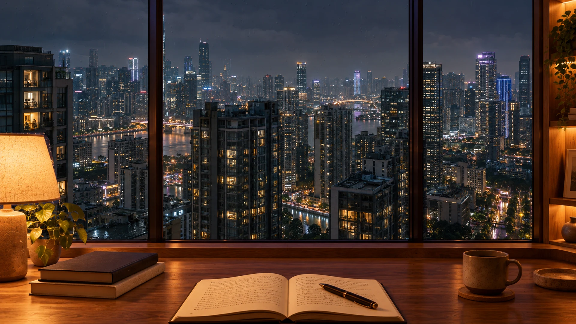A warm desk overlooking a rainy city skyline