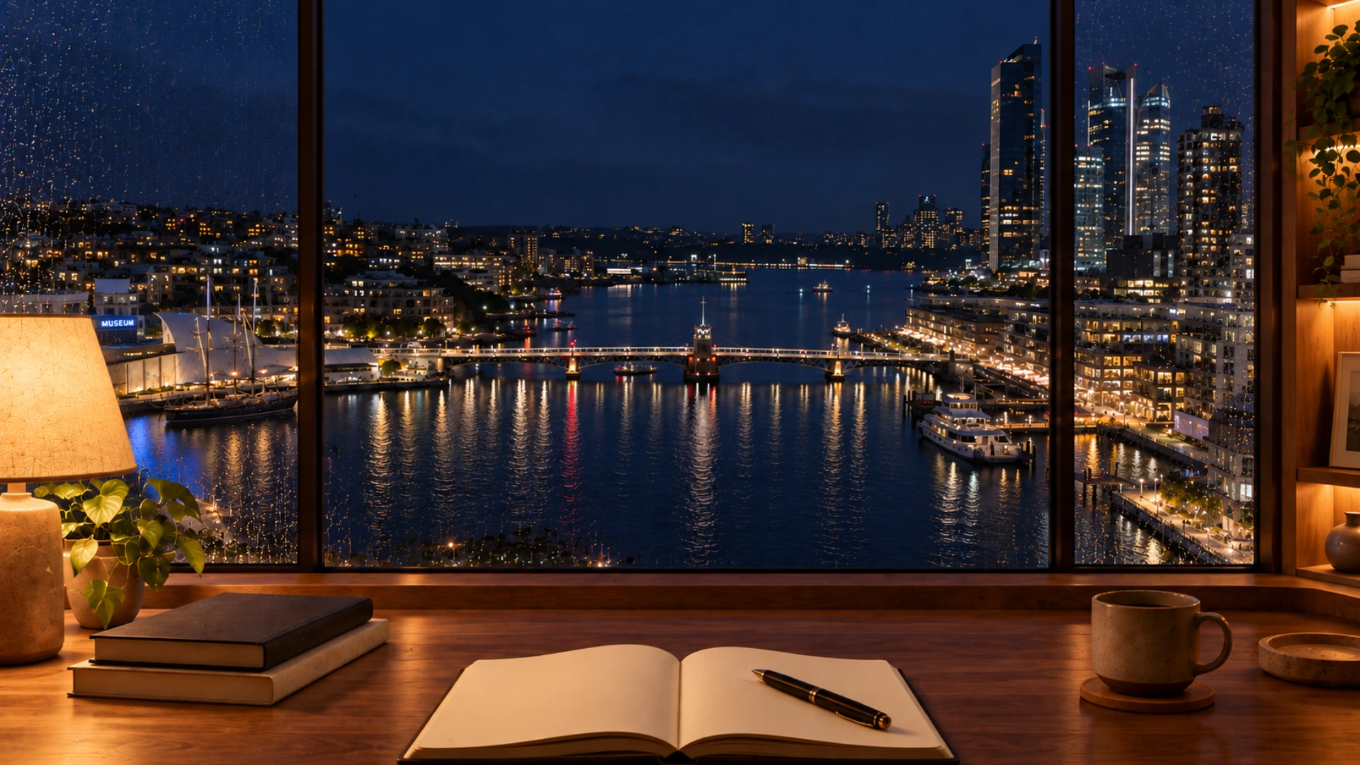 A warm desk overlooking Darling Harbour and Pyrmont Bridge at night