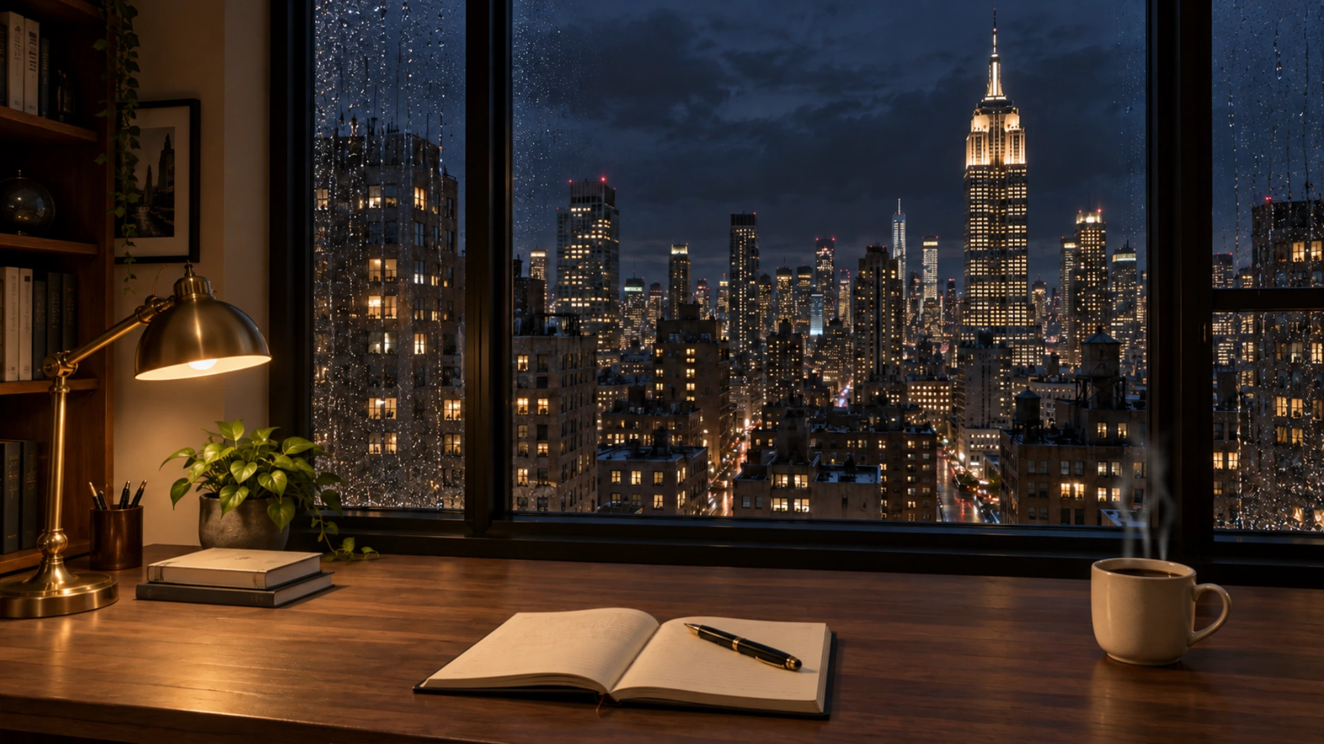 A cosy walnut desk with steaming coffee overlooking the Empire State Building and Manhattan at night