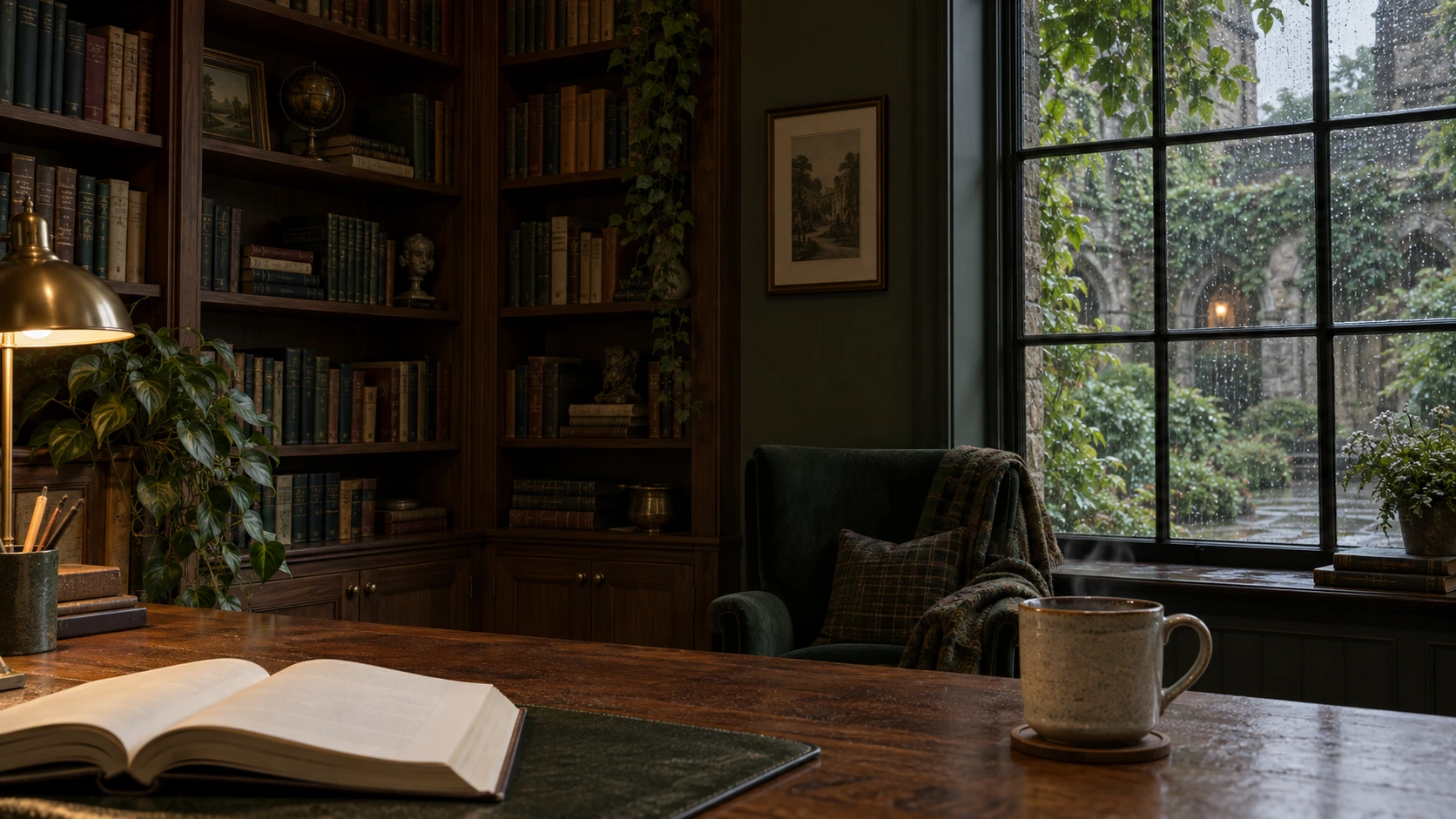 Warm bookshelves and an oak desk overlooking a rain-soaked leafy courtyard