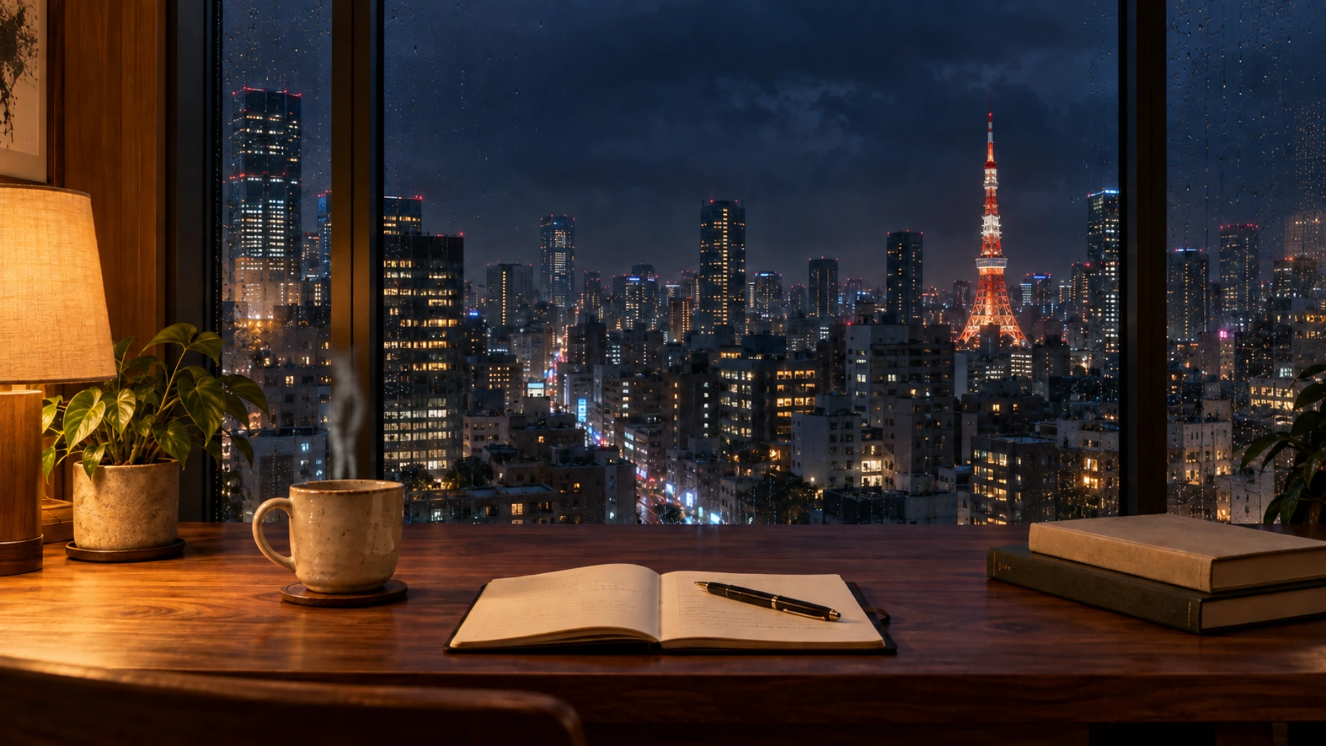 Steaming coffee beside a rainy window overlooking Tokyo Tower at night